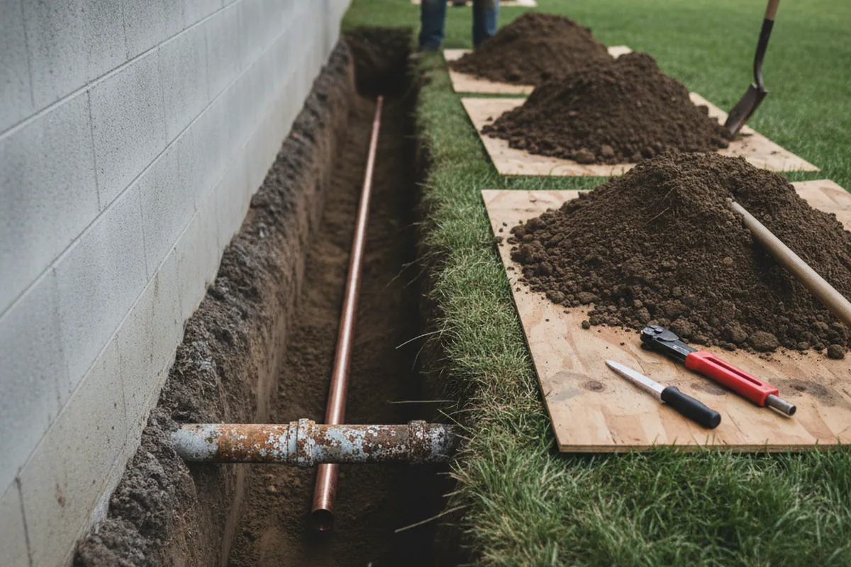 Excavated water line trench during Water Softener Installation in Gwynedd Valley